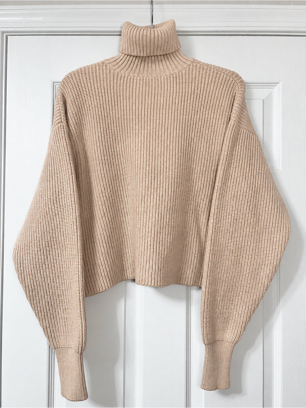Good American Wheat Ribbed Cropped Chunky Turtleneck Sweater M Balloon Sleeve